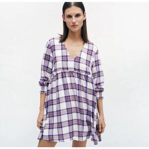 Zara White Red Blue Plaid V/Neck Fit& Flare Pleat Tunic Midi Dress Sz L